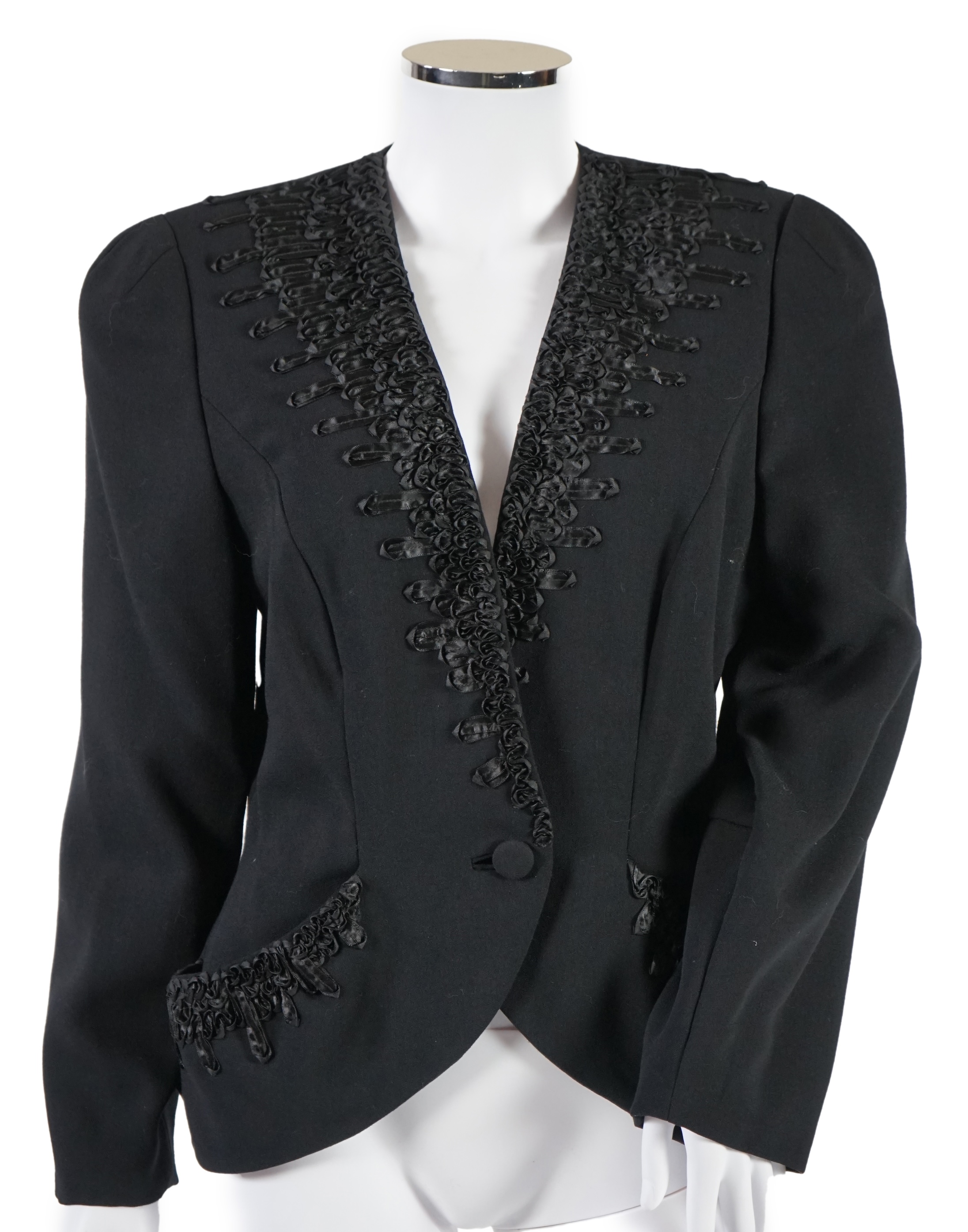 A Bruce Oldfield black evening dress and black bolero style jacket. Size 12-14 Proceeds to Happy Paws Puppy Rescue